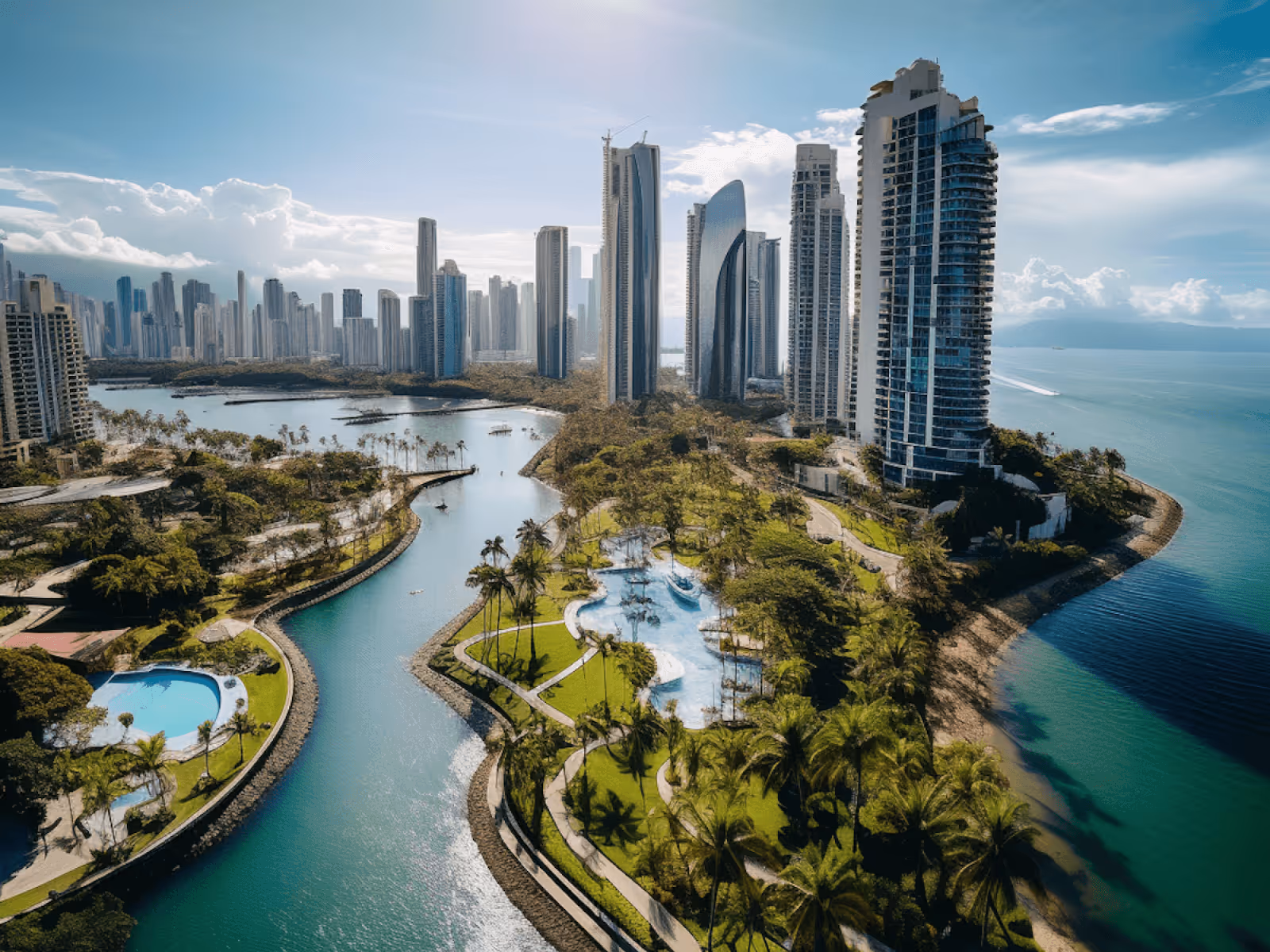 Aerial view of a waterfront city with modern skyscrapers, lush green parks, palm trees, and winding waterways under a sunny sky.
