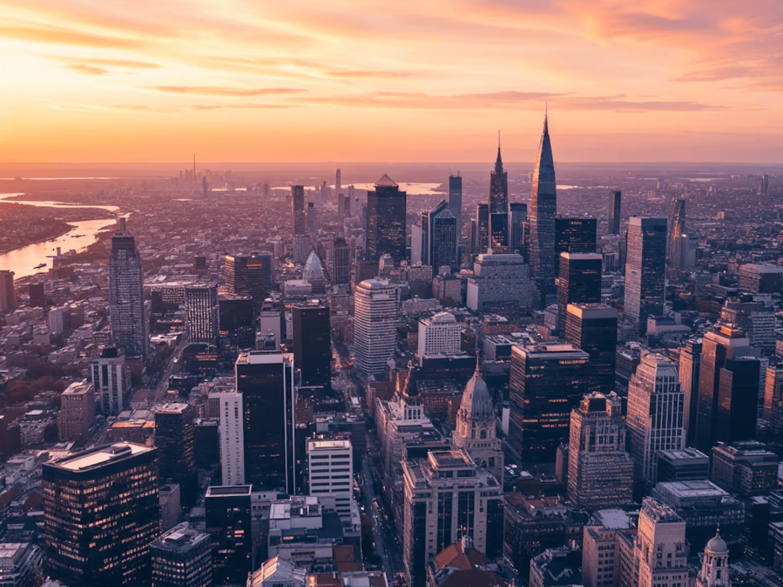 Aerial view of a city skyline with tall skyscrapers during a sunset with orange and pink hues.