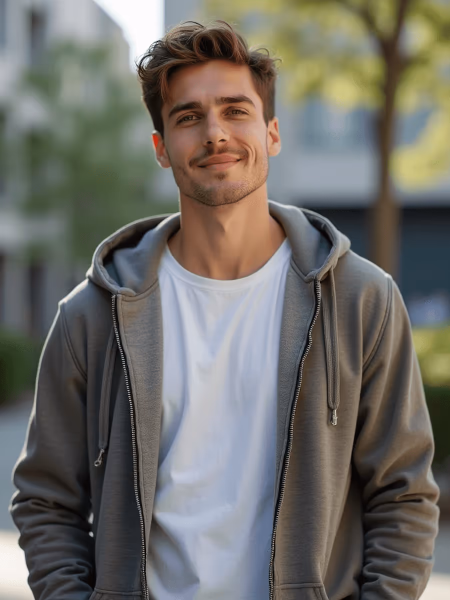 Young man with light brown hair wearing a white t-shirt and gray zip-up hoodie standing outdoors with a slight smile.