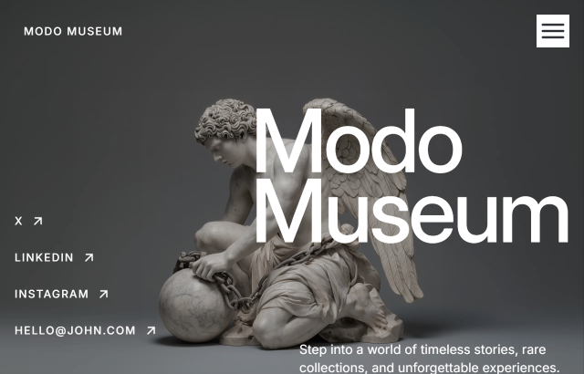 Statue of a kneeling angel with curls and wings, holding a chained ball, with Modo Museum text overlay and social media links.