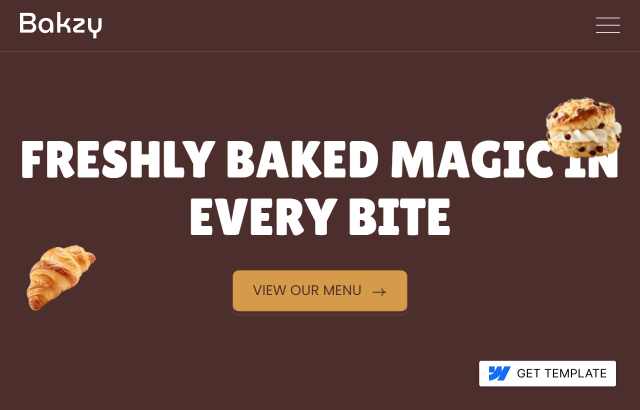 Page d'accueil de Bakzy avec le texte "Magie fraîchement cuite à chaque bouchée", un bouton "Voir notre menu", un croissant et un scone sur fond marron foncé.