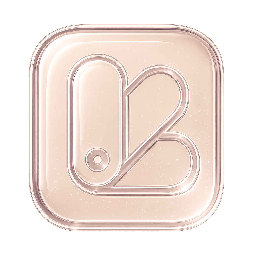 Icône carrée beige avec un symbole stylisé représentant un cœur formé par trois formes géométriques arrondies.