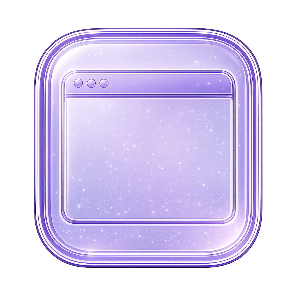 Icône lumineuse violette représentant une fenêtre de navigateur web stylisée avec trois boutons ronds en haut à gauche.