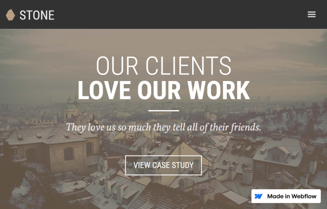 Page d'accueil du site Stone avec le slogan Notre clientèle adore notre travail sur une photo d'une ville enneigée.