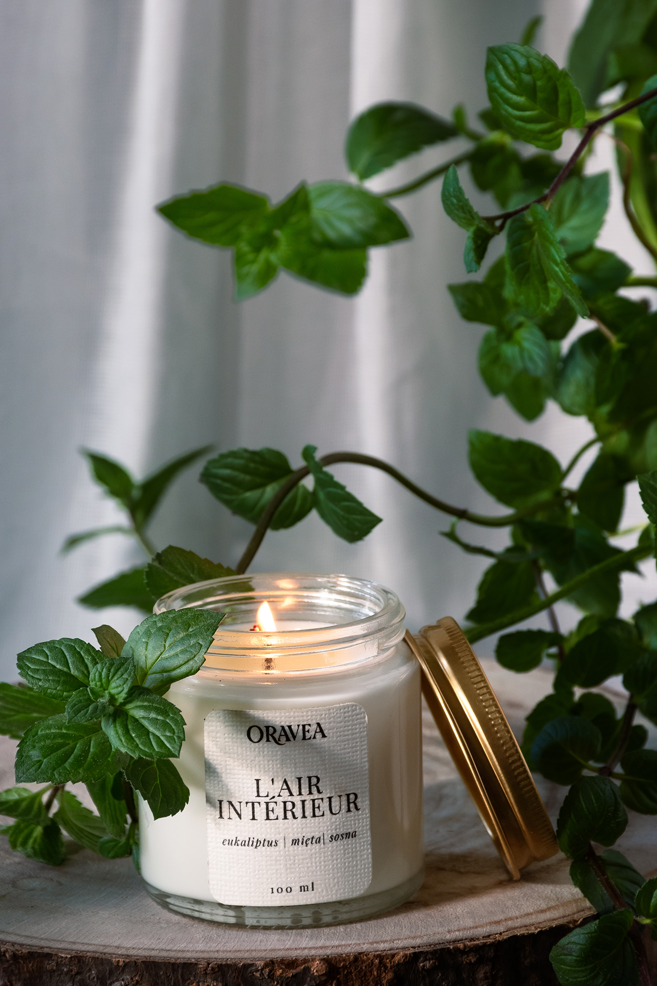 Zapachowa świeca sojowa ORAVEA L'AIR INTÉRIEUR o zapachu eukaliptusa, mięty i sosny, z zielonymi liśćmi mięty wokół niej.