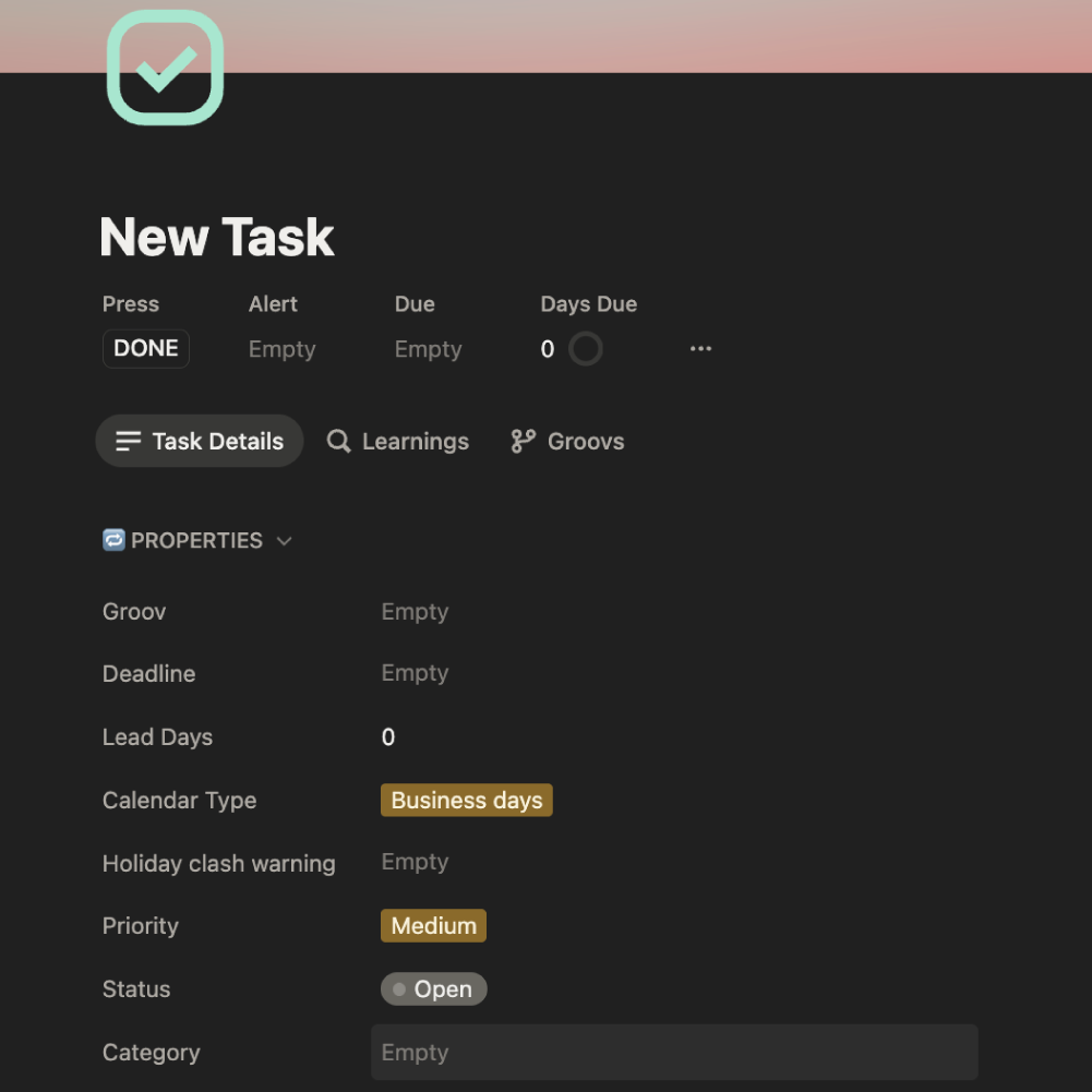 groovmint task page showing available properties
