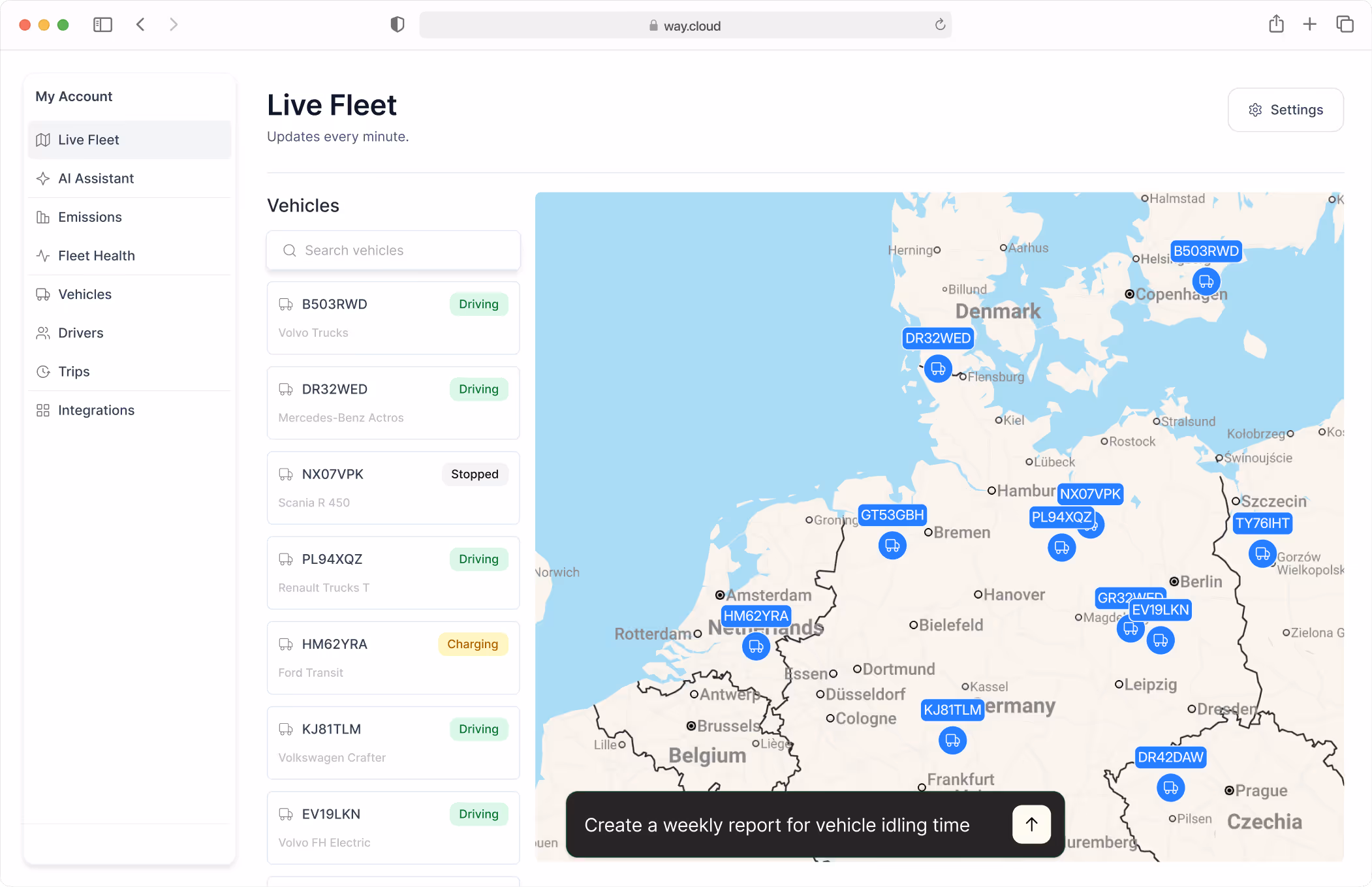 Dashboard showing live fleet vehicle statuses with locations on a map of Northern Europe, including Denmark, Germany, the Netherlands, and surrounding areas.