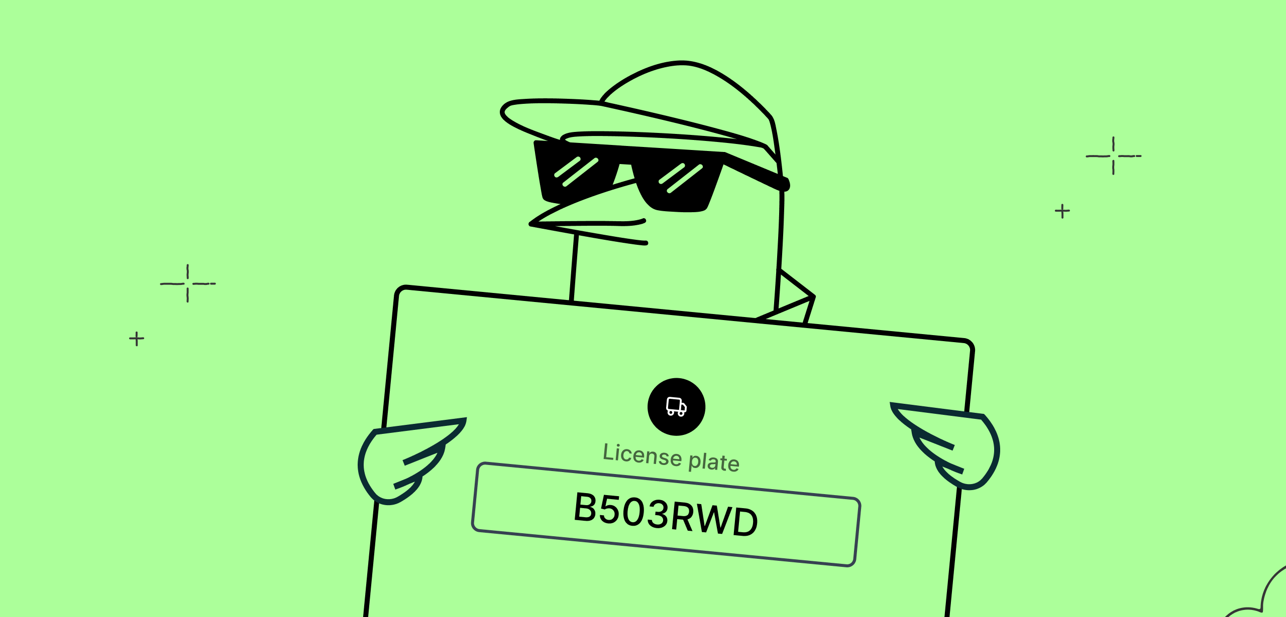 Cartoon bird wearing a cap and sunglasses holding a sign displaying a license plate with code B503RWD on a green background.