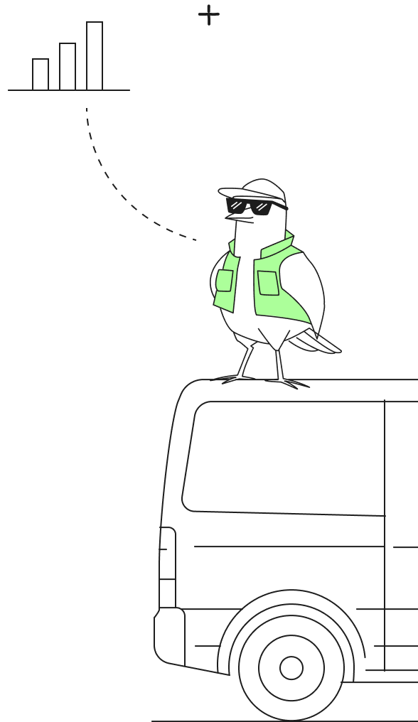 Bird wearing sunglasses and a green vest standing on a vehicle roof with a bar chart above.