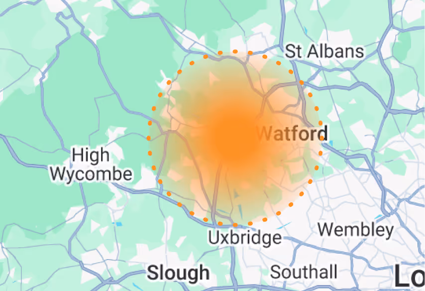 Map showing Watford highlighted with an orange circle near High Wycombe and St Albans in England.