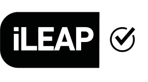 iLEAP logo with a checkmark inside a rounded rectangle divided black and white.