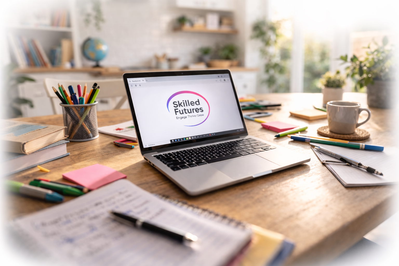 Laptop displaying Skilled Futures logo on a wooden desk surrounded by stationery, books, a notebook, and a coffee mug.