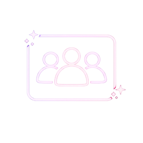 Neon-style icon of three people inside a rounded rectangle with decorative sparkles on a black background.