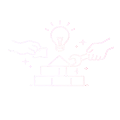 Outline of two hands building a structure with bricks and a triangle, with a glowing light bulb above symbolizing an idea or innovation.