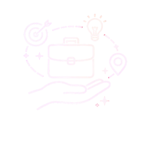 Illustration of an open hand holding a briefcase surrounded by icons of a target with an arrow, a light bulb, and a map pin connected by a dotted line.