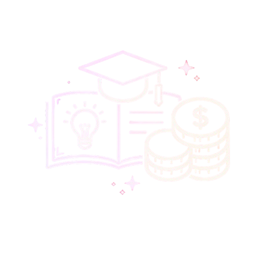 Neon-style icon showing an open book with a light bulb illustration, a graduation cap above, and stacks of coins with a dollar symbol.