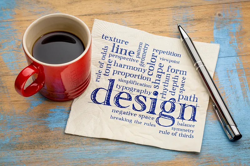 Design elements and rules - a word cloud - handwriting on a napkin with a cup of coffee