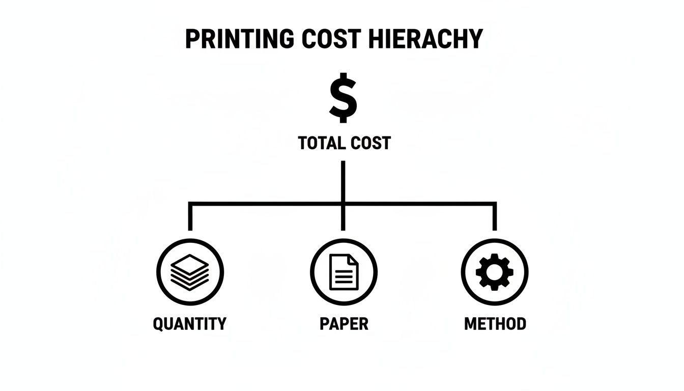 A hierarchy diagram showing total printing cost broken down into quantity, paper, and method factors.