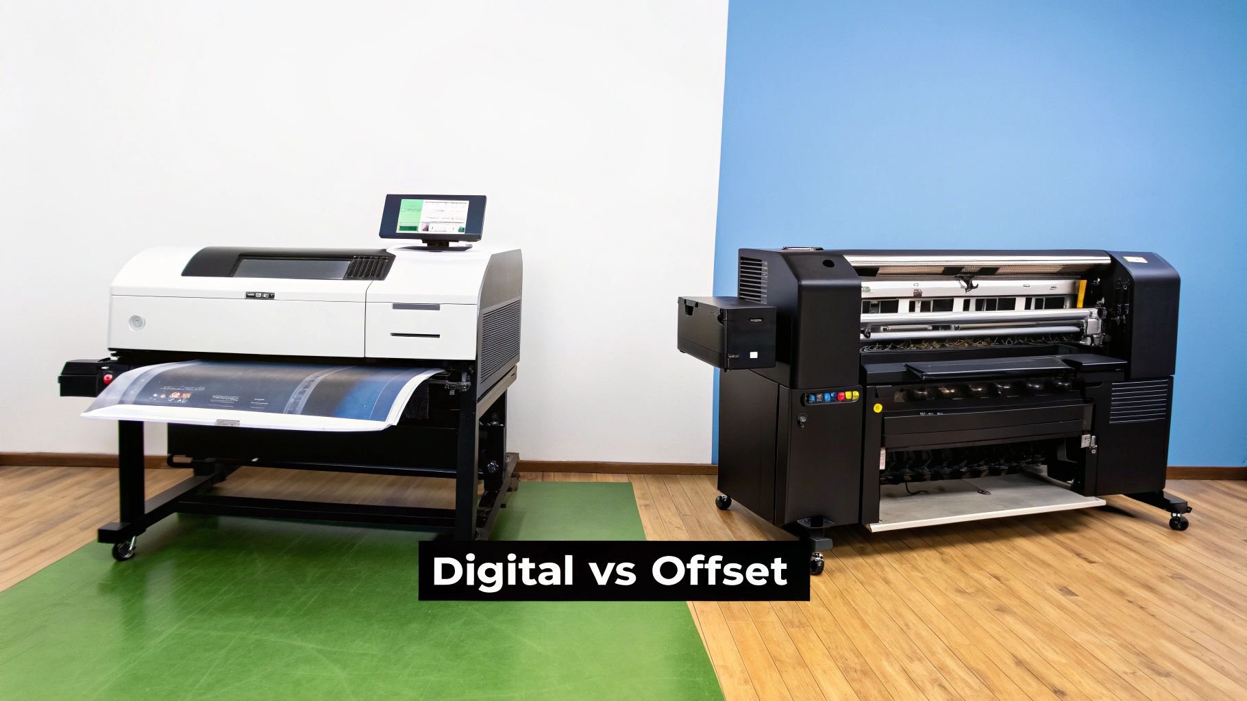 Two large industrial printers, a white digital printer and a black offset printer, on a split background.