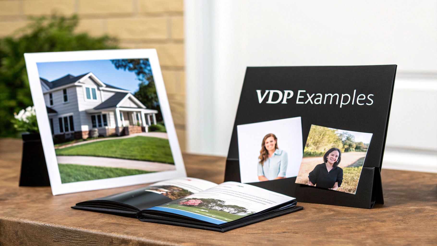 Various printed materials on a wooden table, including a house photo, a booklet, and a 'VDP Examples' stand with portraits.