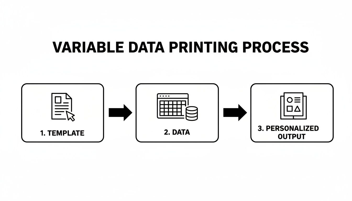 Diagram showing the variable data printing process with steps: template, data, and personalized output.