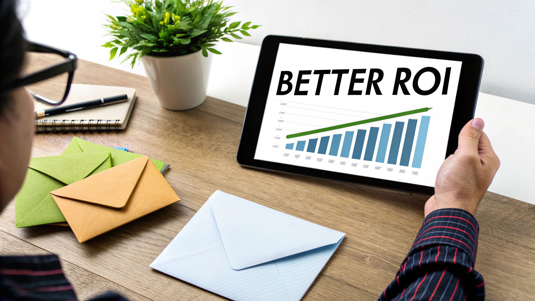 Person in glasses viewing a tablet with a 'BETTER ROI' growth chart, with envelopes on a wooden desk.