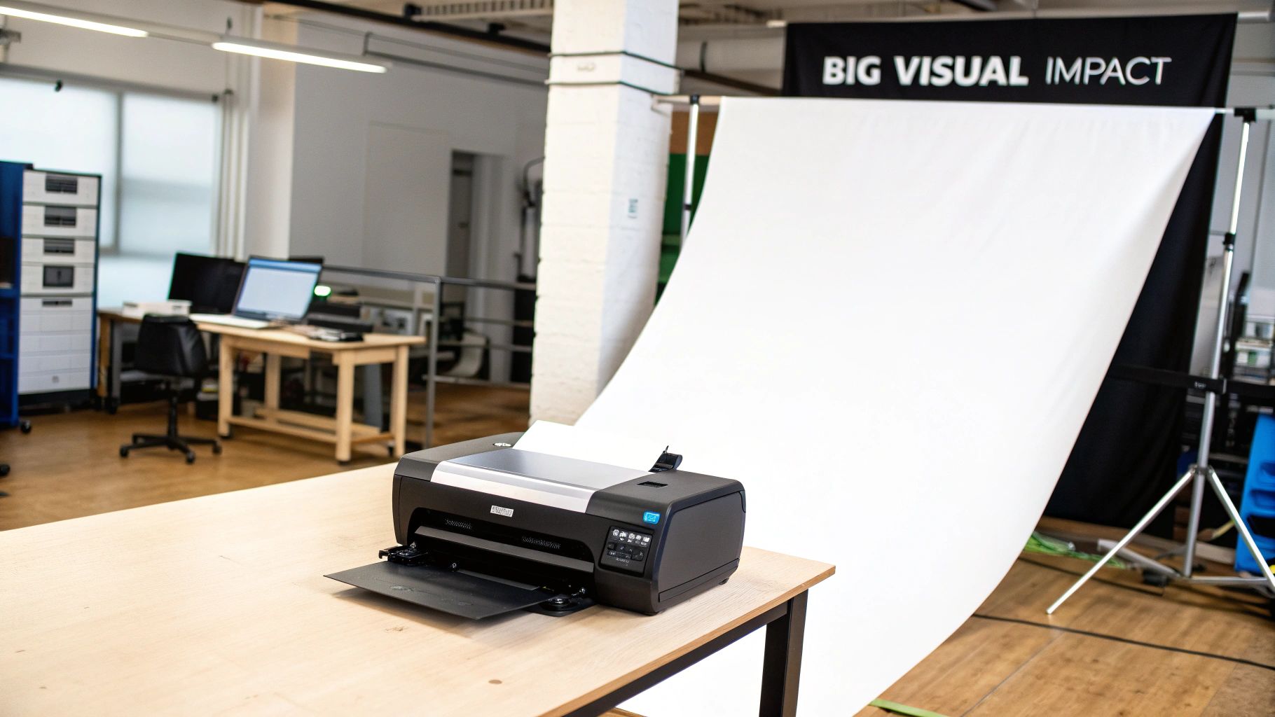 A black and silver large format printer sits on a wooden table in a photography studio.