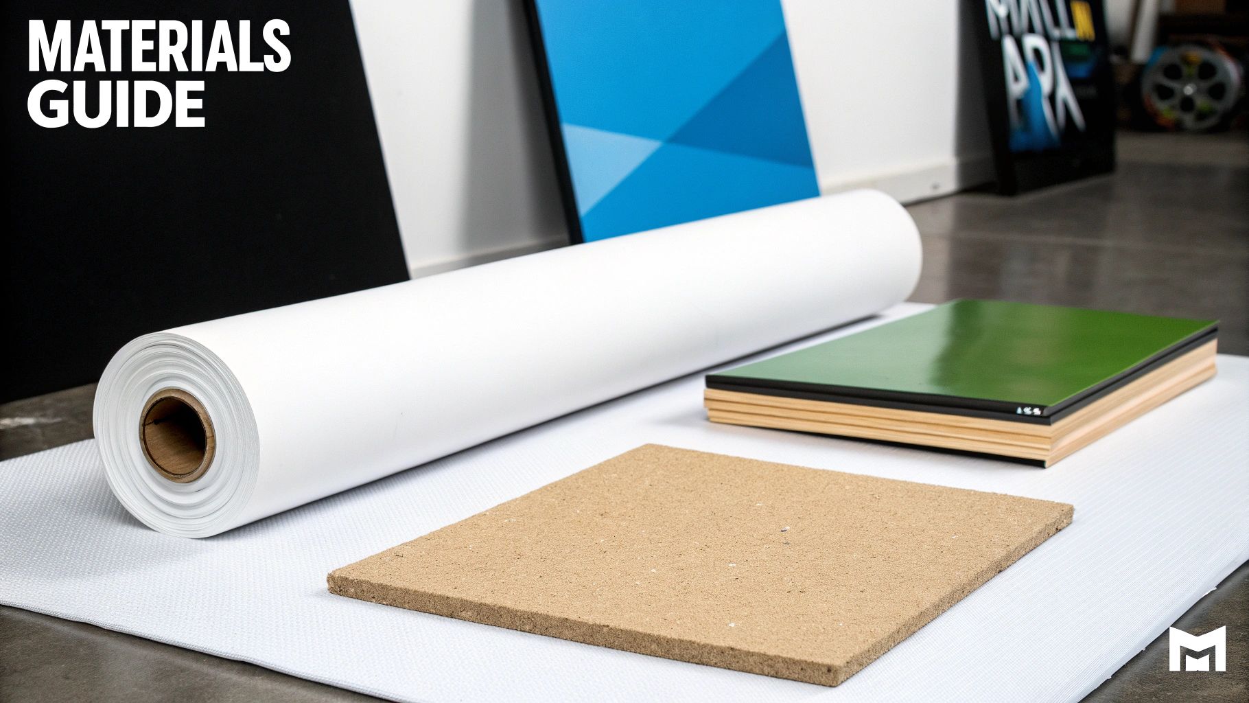 A materials guide showing a large roll of white canvas, a green wooden block, and a cork sample.