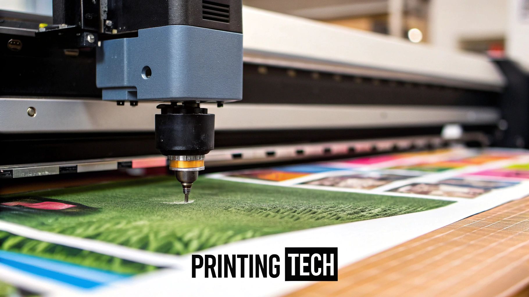 A large format plotter machine's print head applies ink onto a wide sheet of paper with colorful designs.