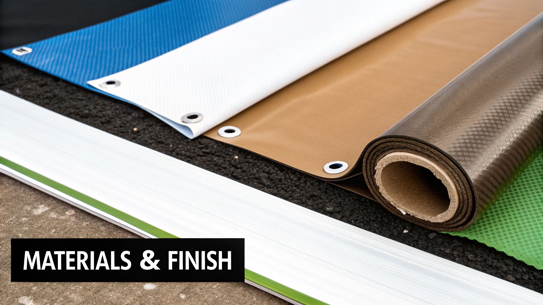 Various banner materials and finishes, including rolled fabric and grommets, displayed.