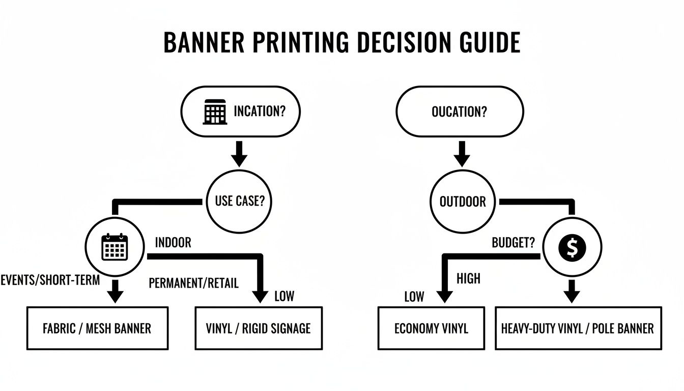 Flowchart for banner printing decisions based on location, use case, and budget.