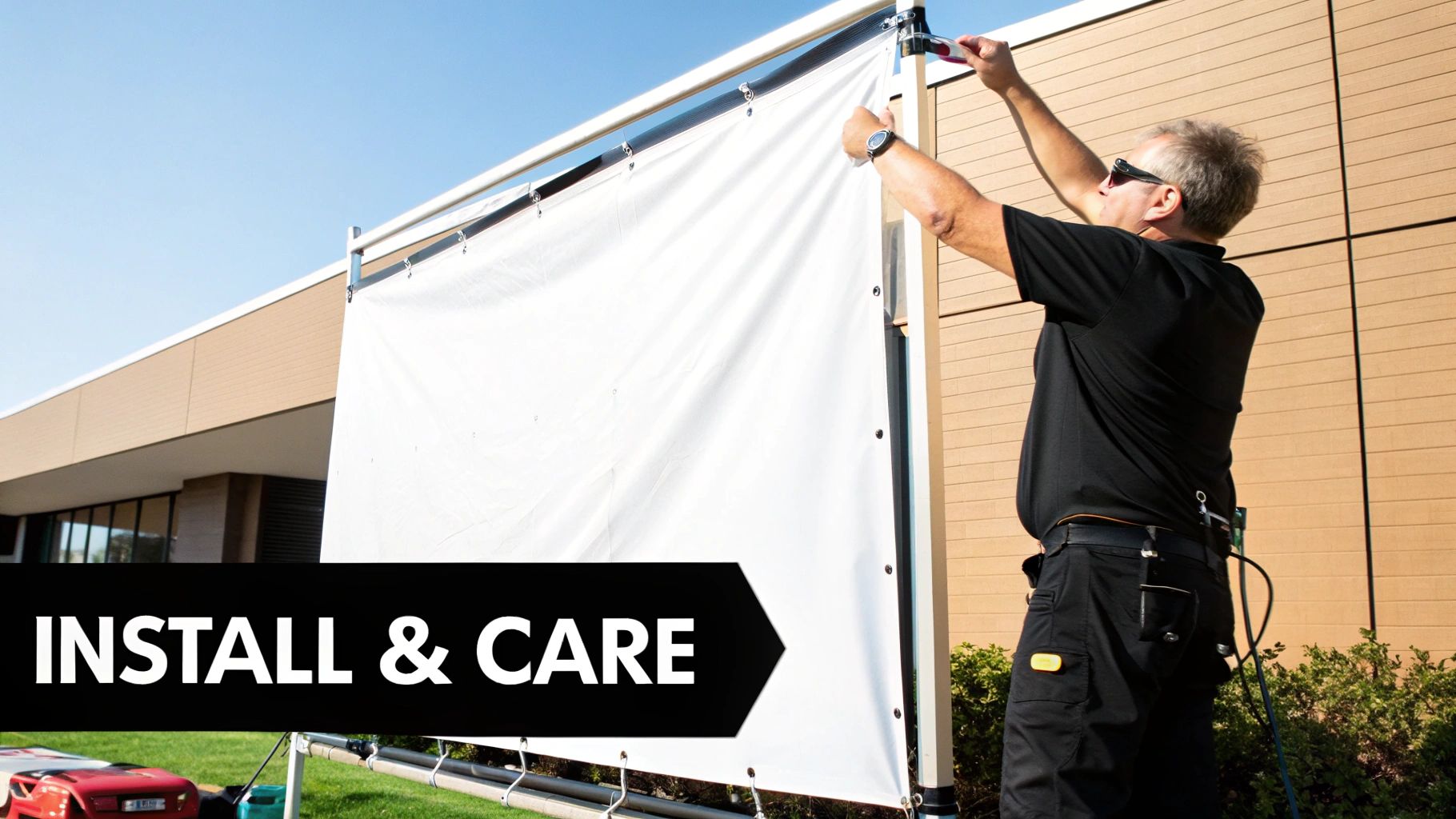 A man in sunglasses and black clothes installing a large white outdoor banner or screen.