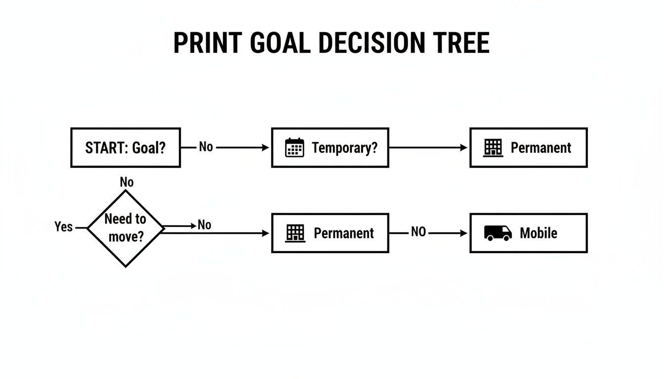 A print goal decision tree flowchart showing paths to temporary, permanent, or mobile solutions based on needs.
