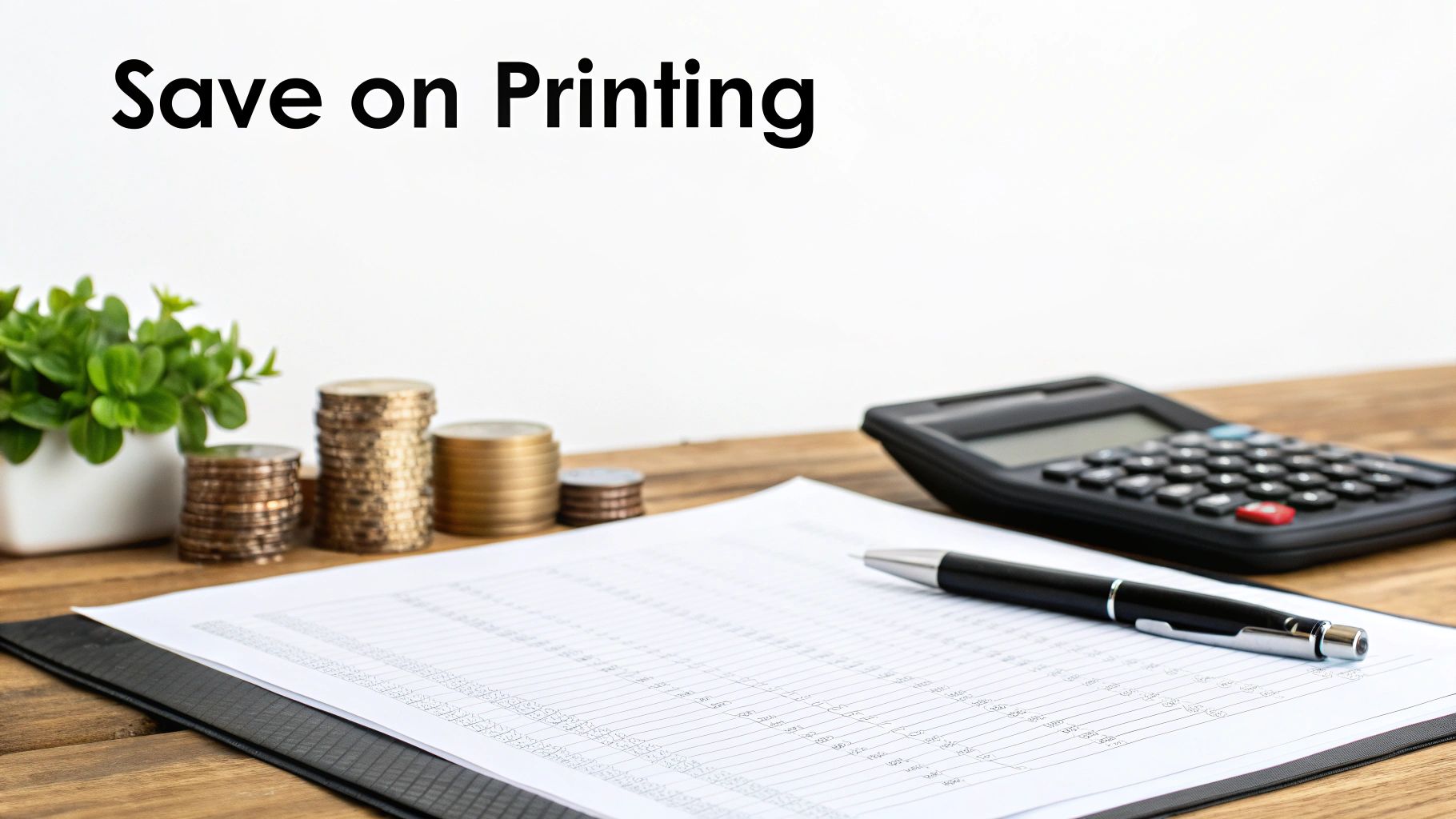 Desk with financial documents, a calculator, stacked coins, and text 'Save on Printing'.