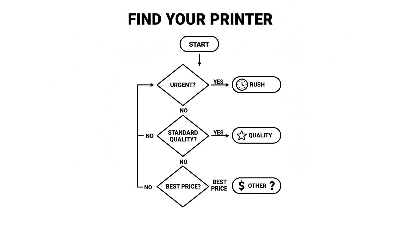 A flowchart titled 'Find Your Printer' guides users through urgent, quality, and best price options.