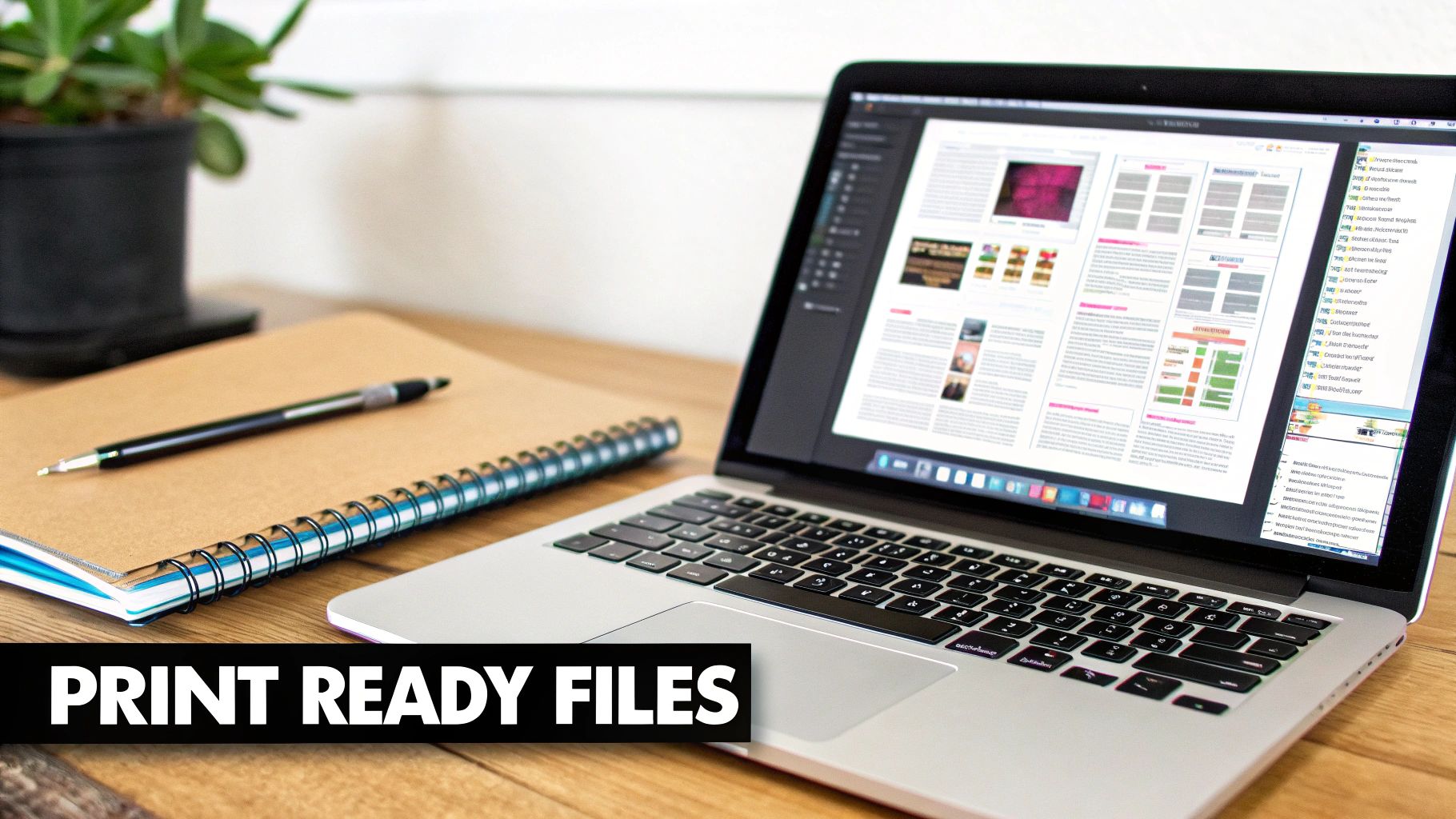 A laptop displays design software with a magazine layout, next to a notebook and pen, with a 'PRINT READY FILES' banner.