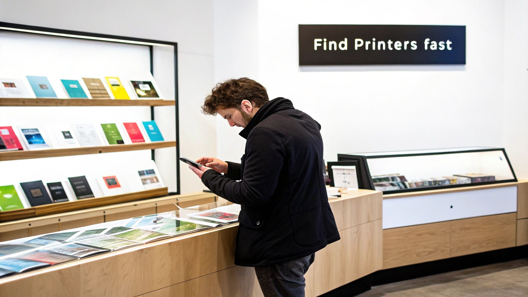 A man uses his phone in a modern printing store, surrounded by product brochures.