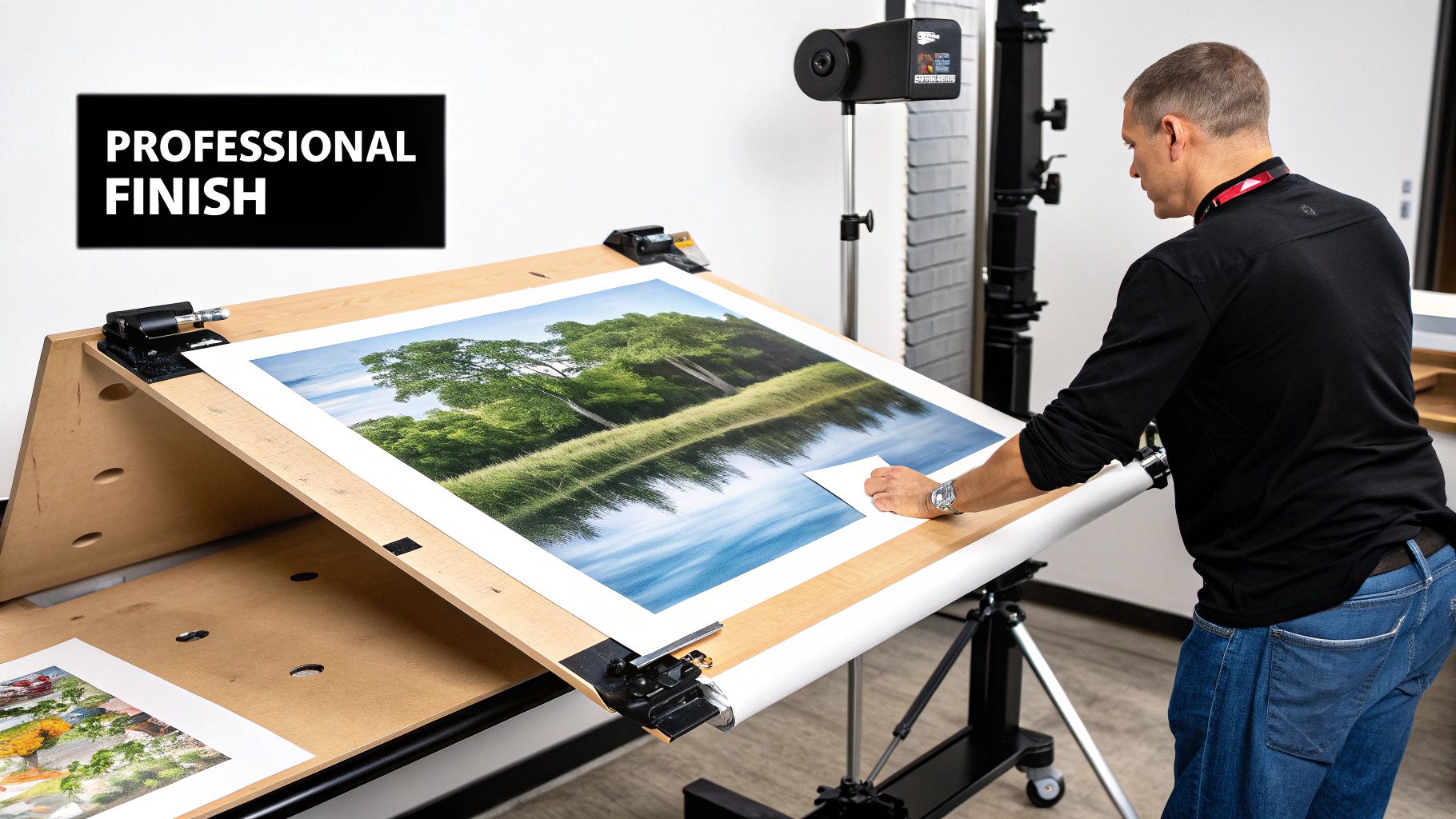 Man applying a professional finish to a large landscape print on a specialized workstation.