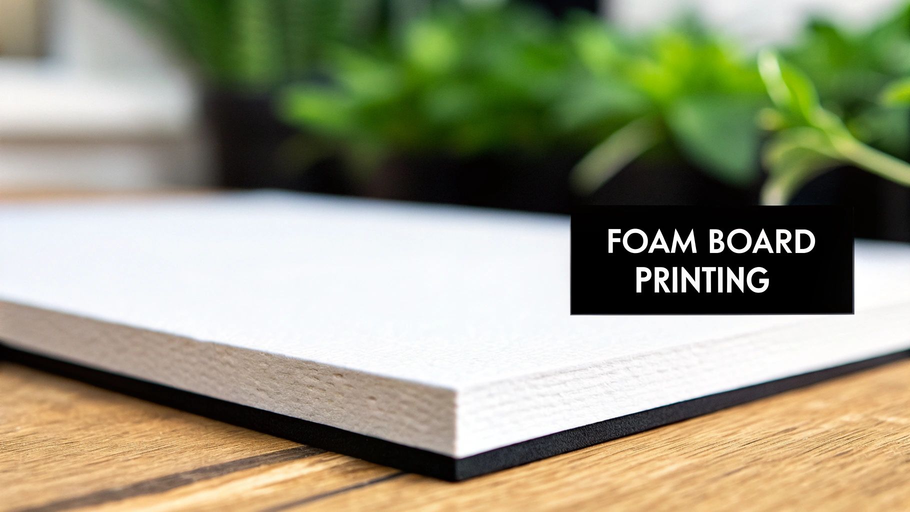 Close-up of a white foam board with a black core, showcasing its texture on a wooden surface, with 'FOAM BOARD PRINTING' text.