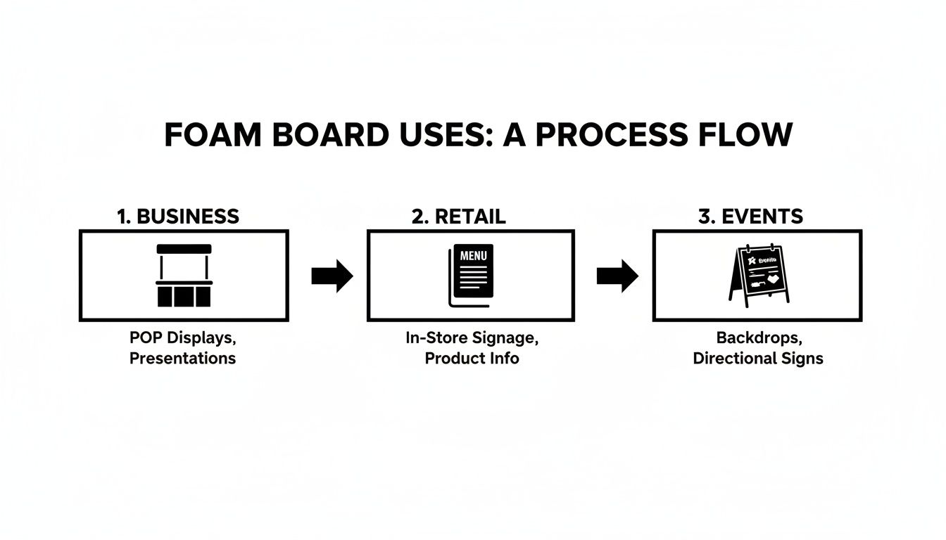 A process flow diagram illustrating foam board uses for business, retail, and events.