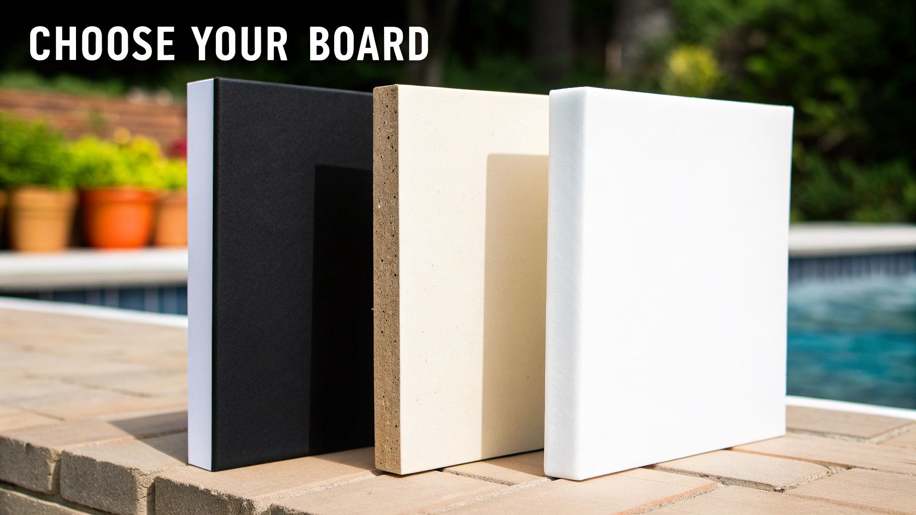 Three distinct boards – black, cream, and white – are displayed, inviting viewers to choose their preference.
