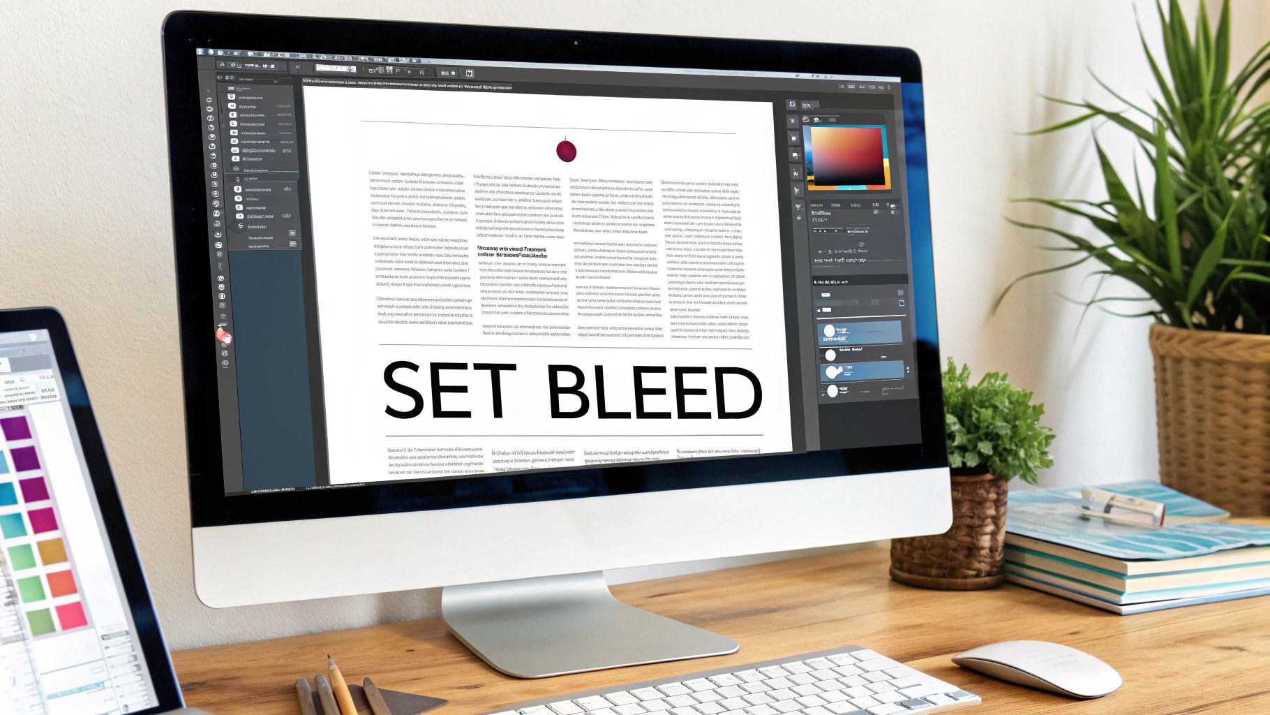 A computer screen displays design software with the text 'SET BLEED' on a document, showing a digital workspace.