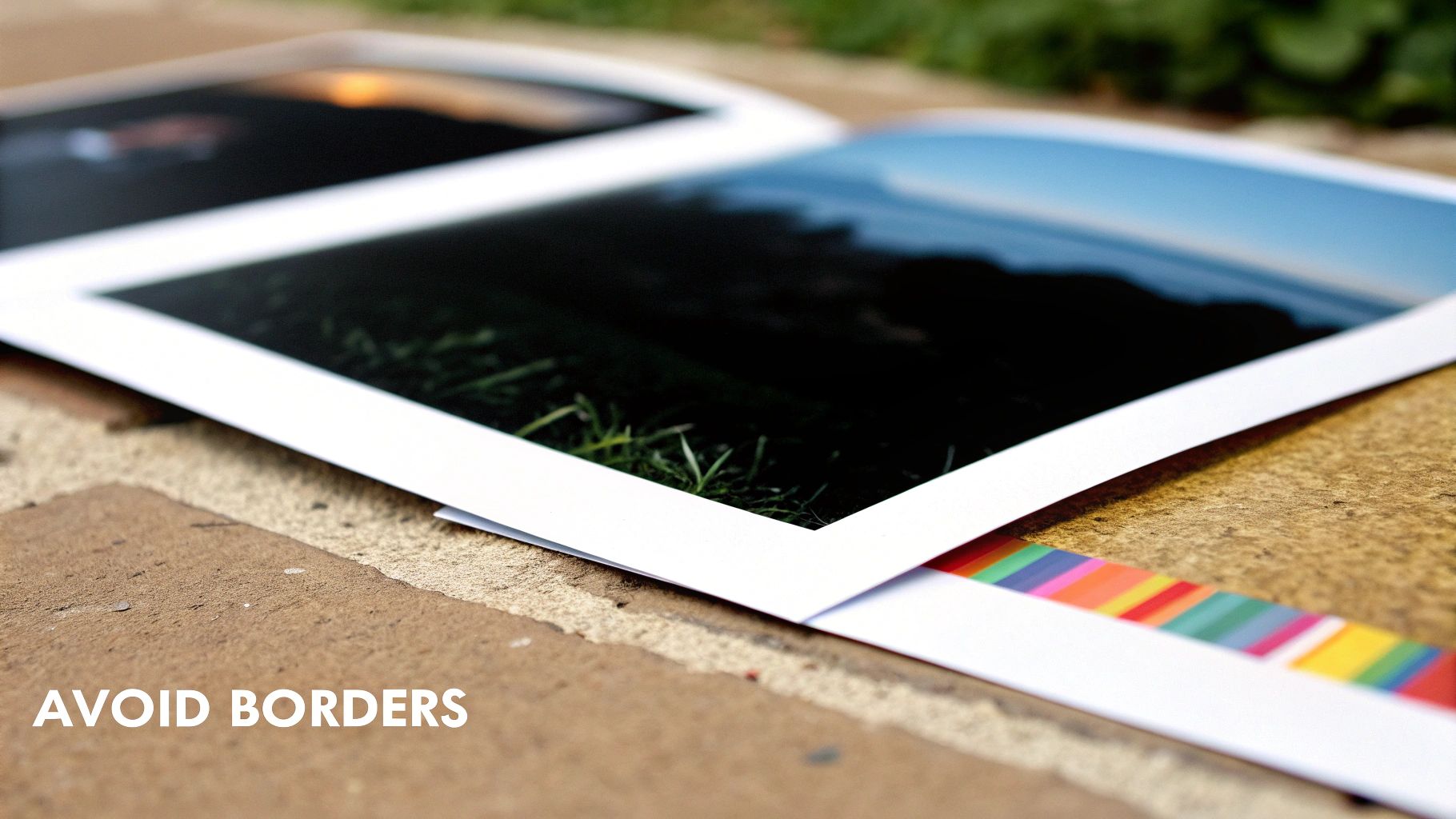 Close-up of an open photo album with framed prints on a stone surface, showing colorful stripes and 'AVOID BORDERS' text.