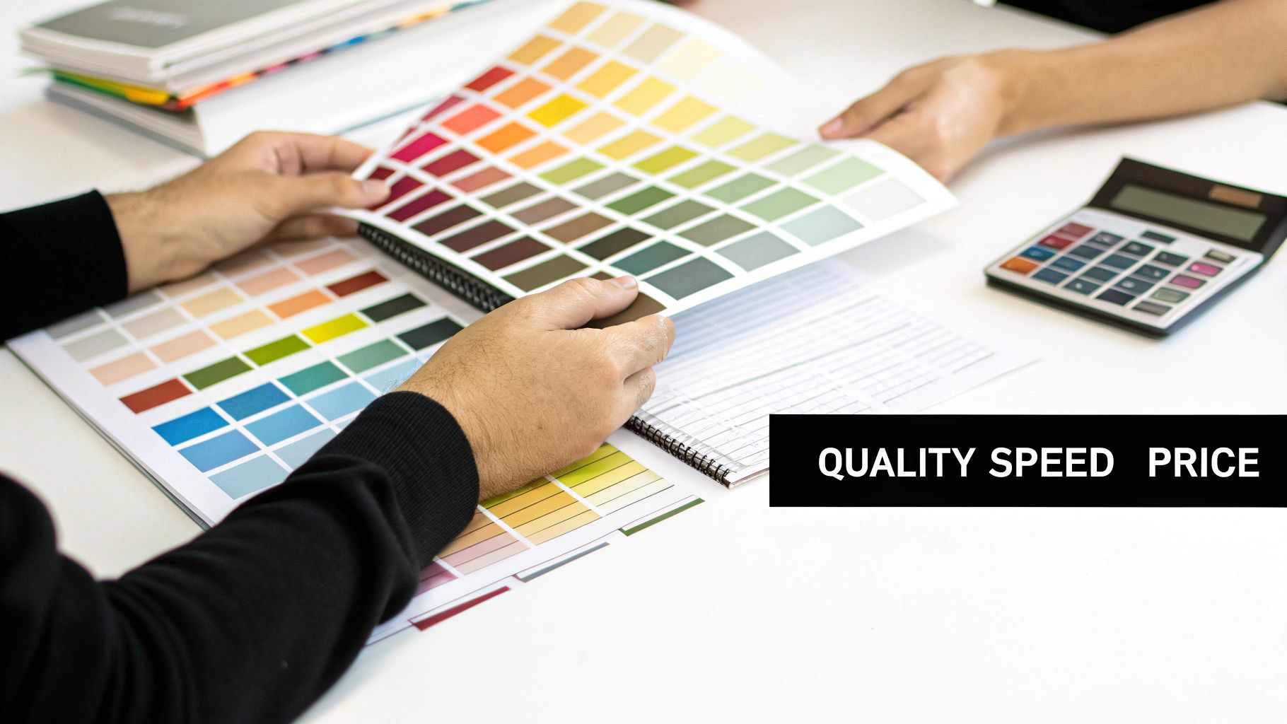 Two people collaboratively reviewing color swatches for a printing project, discussing quality, speed, and price.