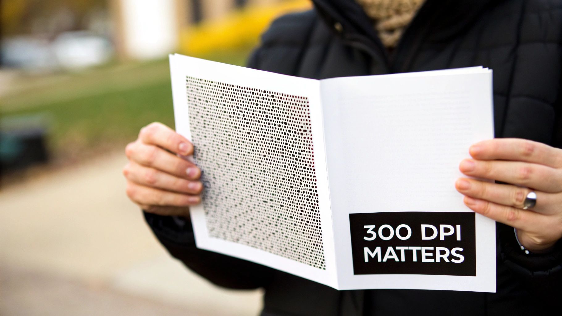 Close-up of a person holding an open booklet displaying a dotted pattern and '300 DPI MATTERS' text.