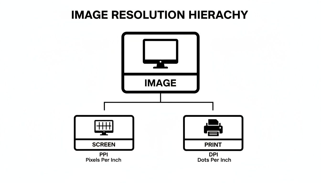 Hierarchy diagram showing image resolution for screen (PPI Pixels Per Inch) and print (DPI Dots Per Inch).