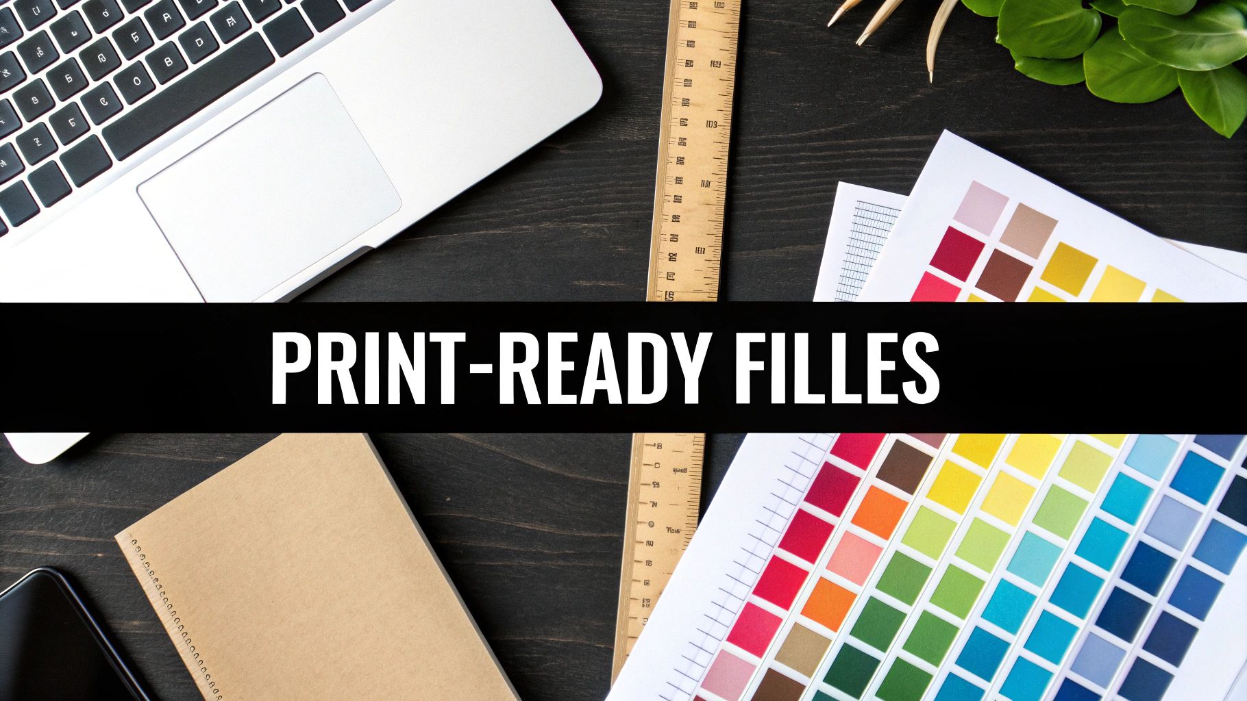 Overhead view of a design workspace with a laptop, color swatches, ruler, notebook, and the text 'PRINT-READY FILLES'.