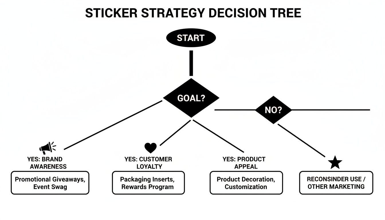 A sticker strategy decision tree flowchart guiding choices based on brand awareness, loyalty, or appeal.