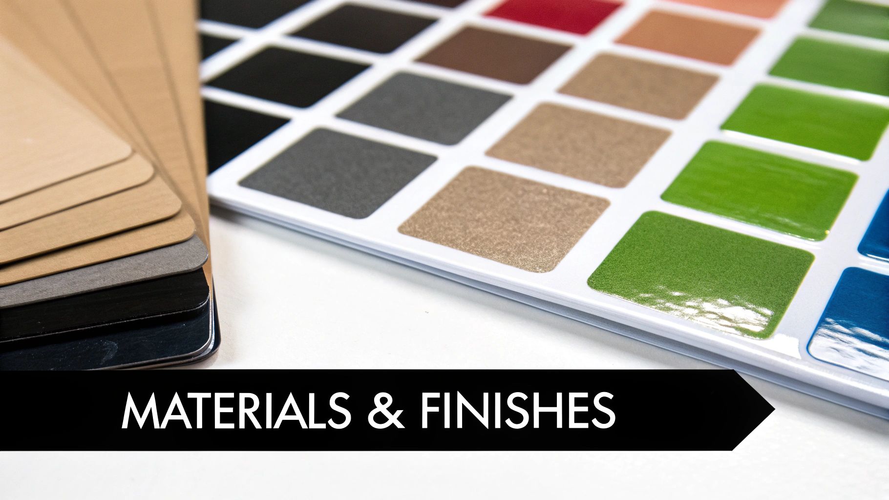 Close-up of diverse material and finish samples, including wood textures and vibrant color swatches.
