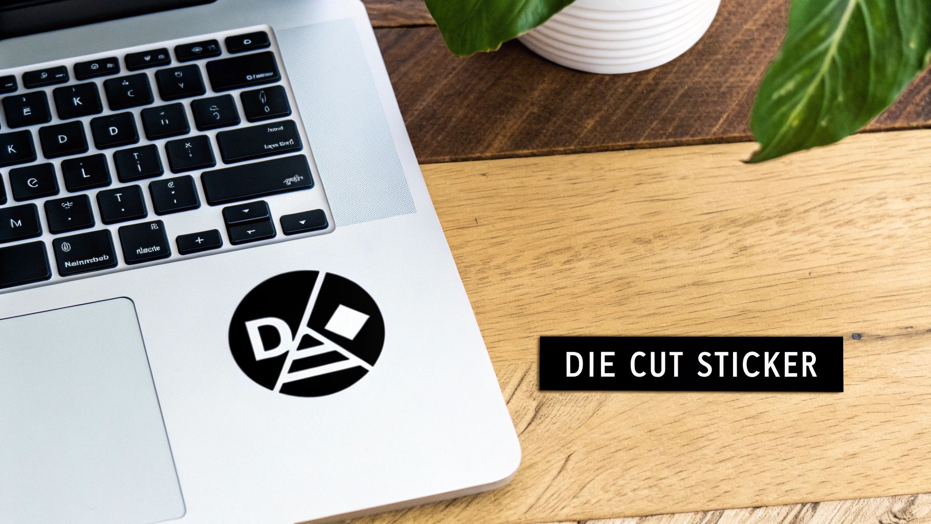 A laptop with a black and white die-cut sticker on a wooden desk next to a plant.